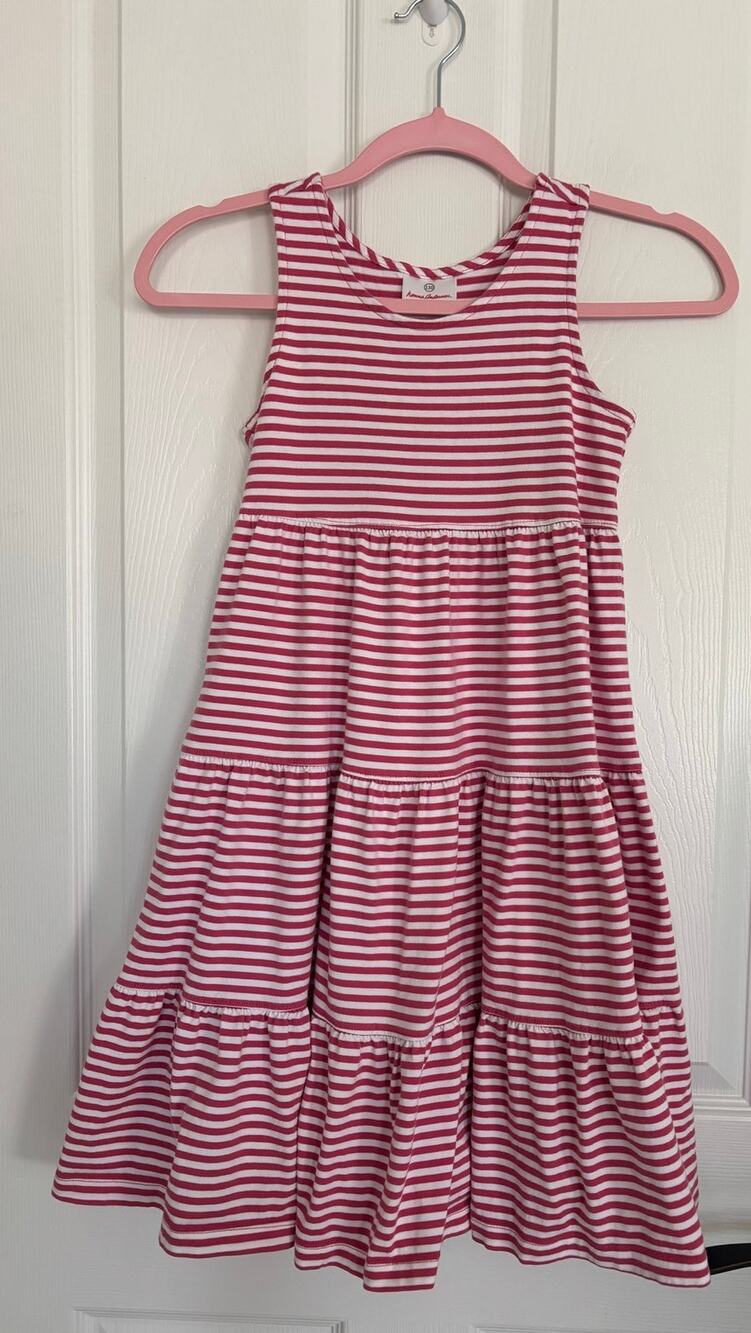 Hanna Andersson Size 130 (US 8) Girls Sleeveless Dress Striped White Pink Tiers